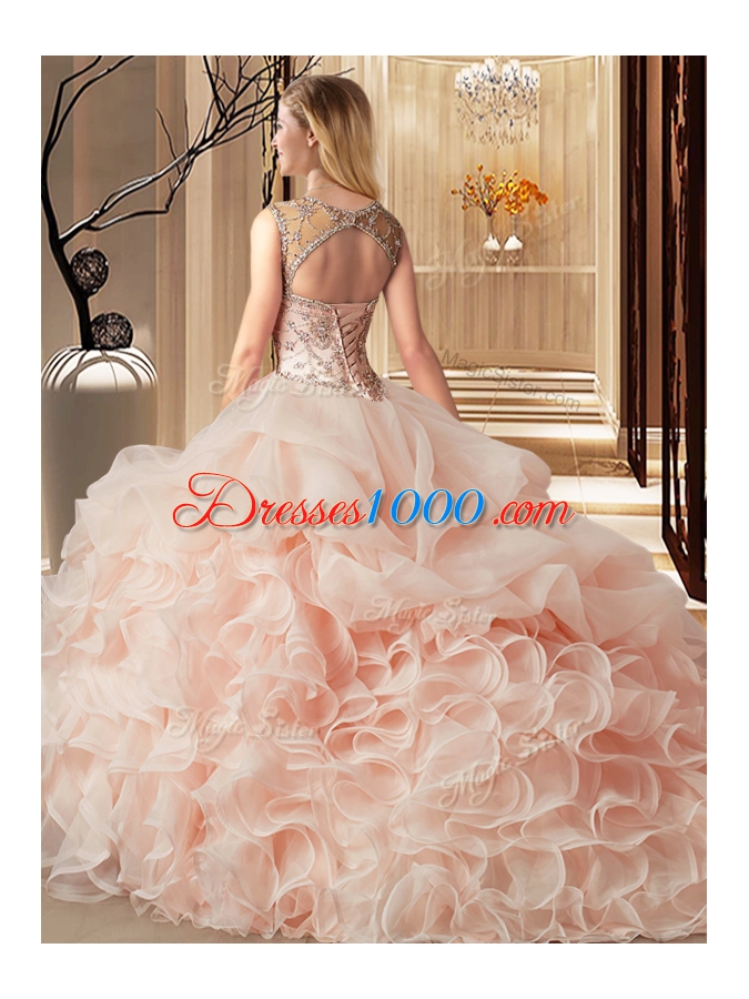 Scoop Light Blue Organza Lace Up Sweet 16 Dresses Sleeveless Brush Train Beading and Ruffles and Pick Ups