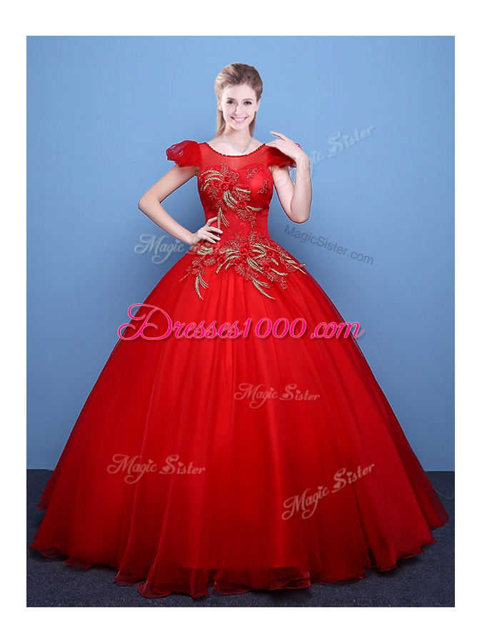 Scoop Short Sleeves Lace Up Vestidos de Quinceanera Red Tulle