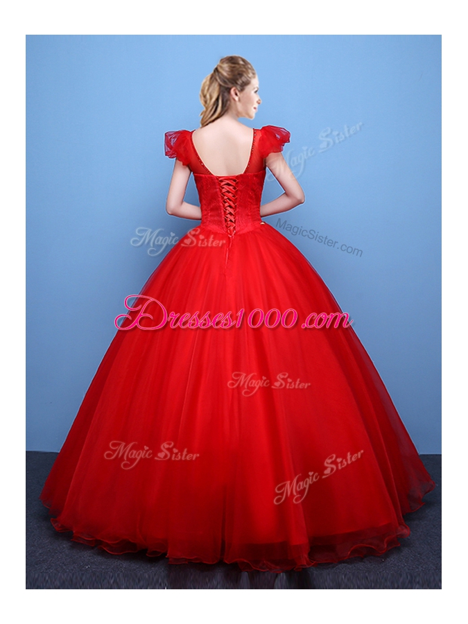 Scoop Short Sleeves Lace Up Vestidos de Quinceanera Red Tulle