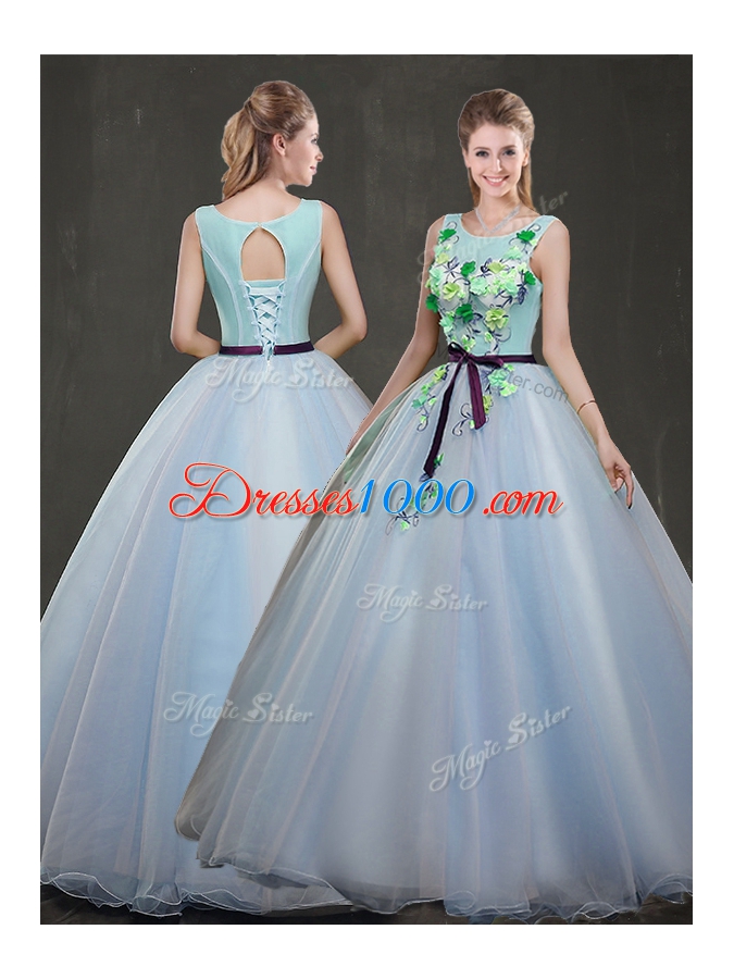 Scoop Sleeveless Floor Length Appliques Lace Up Sweet 16 Dress with Light Blue