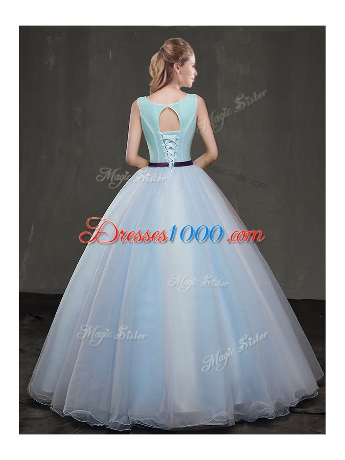 Scoop Sleeveless Floor Length Appliques Lace Up Sweet 16 Dress with Light Blue
