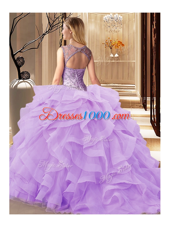 Scoop Sleeveless Tulle Quinceanera Gowns Beading and Ruffles Brush Train Lace Up
