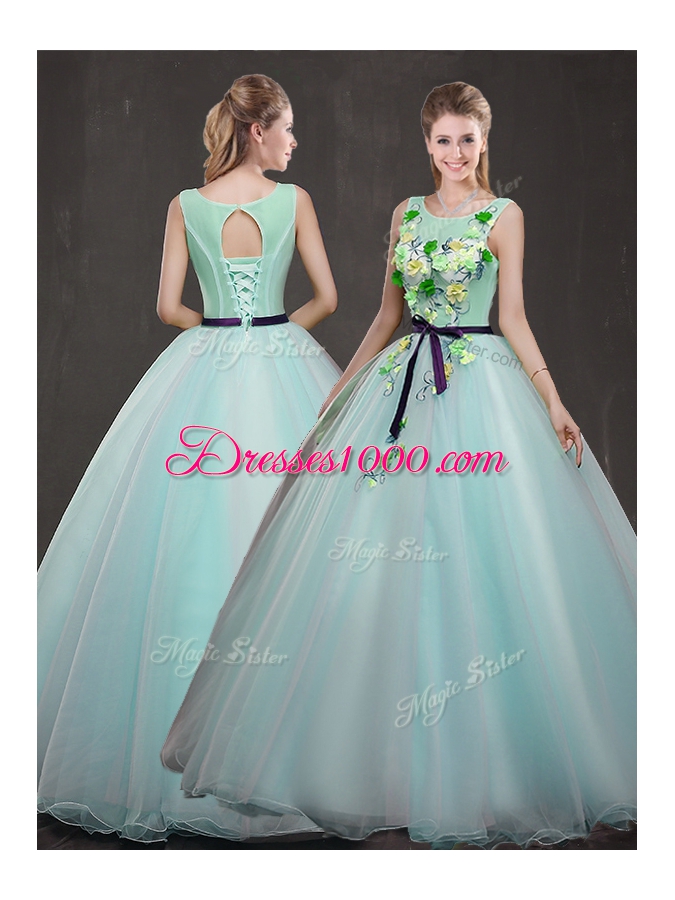 Stunning Floor Length Apple Green Ball Gown Prom Dress Scoop Sleeveless Lace Up