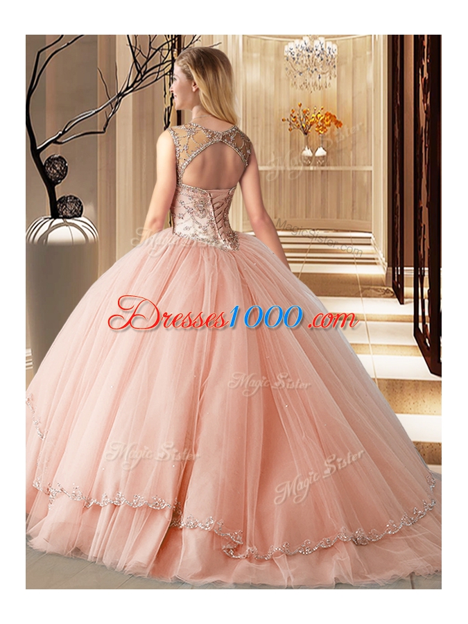 Suitable Scoop Sleeveless Vestidos de Quinceanera Brush Train Beading Lavender Tulle