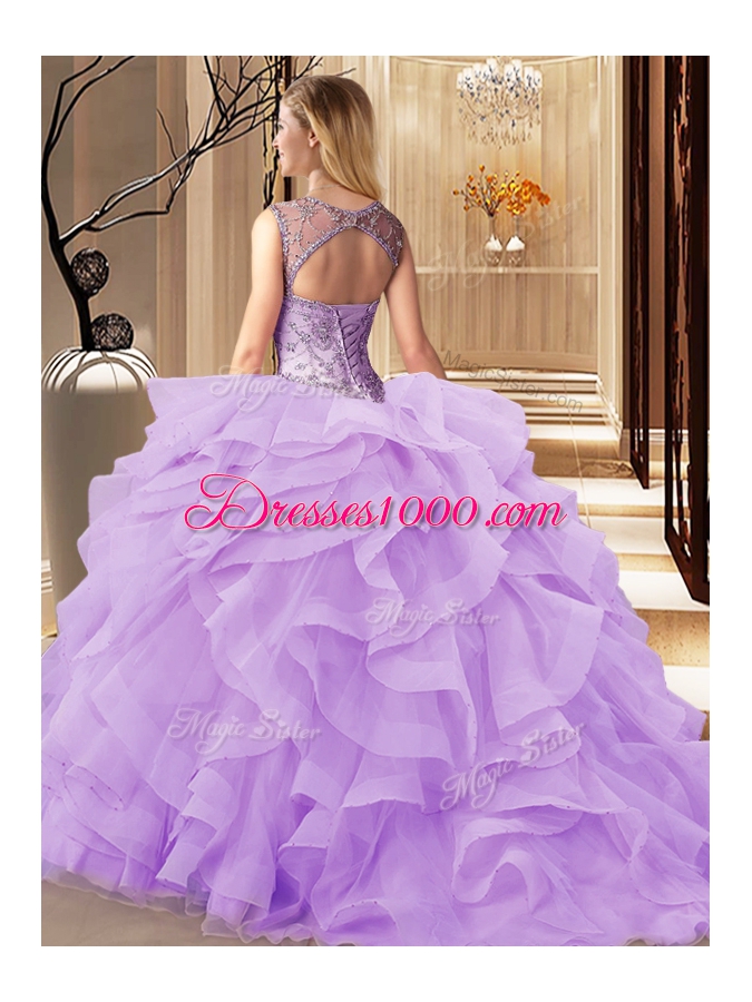 Traditional Scoop Sleeveless Brush Train Beading and Ruffles Lace Up Quinceanera Gowns