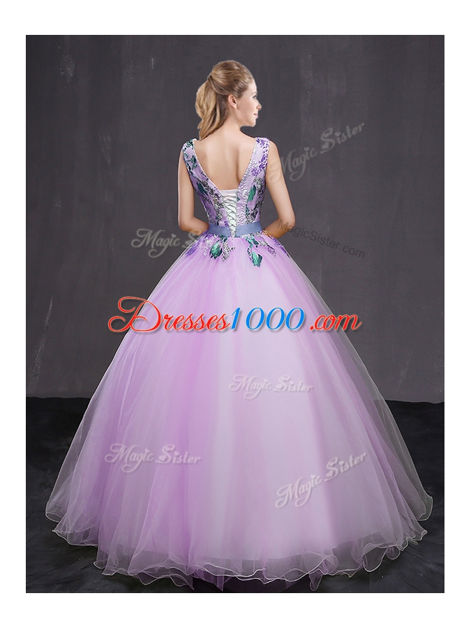 Beautiful Lilac Ball Gowns Tulle V-neck Sleeveless Appliques and Belt Floor Length Lace Up 15 Quinceanera Dress
