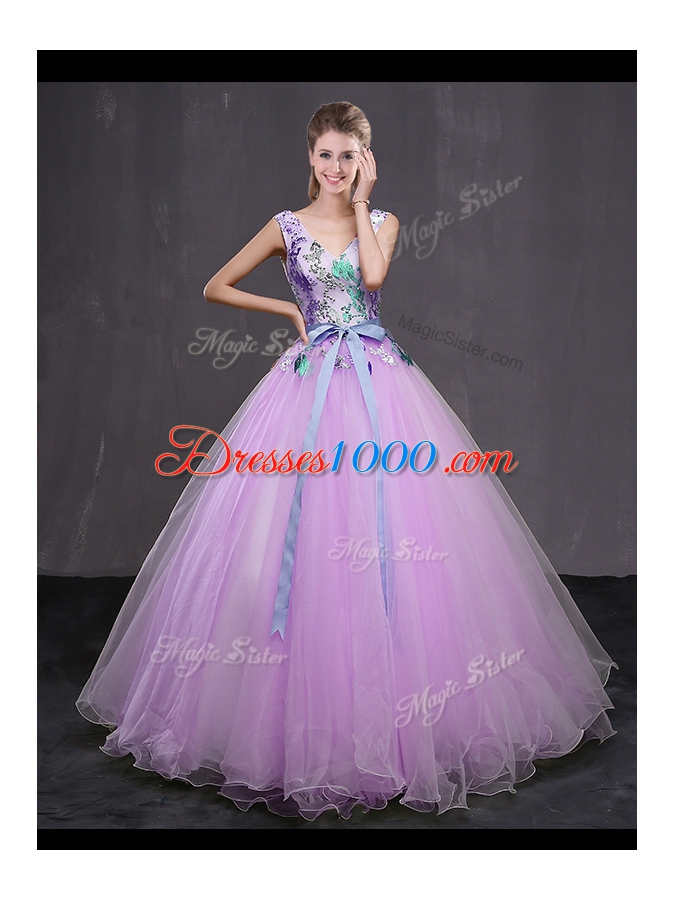 Beautiful Lilac Ball Gowns Tulle V-neck Sleeveless Appliques and Belt Floor Length Lace Up 15 Quinceanera Dress