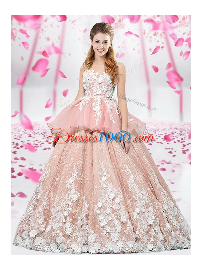 Charming Scoop Sleeveless Organza and Tulle Floor Length Lace Up 15th Birthday Dress in Pink for with Lace and Appliques