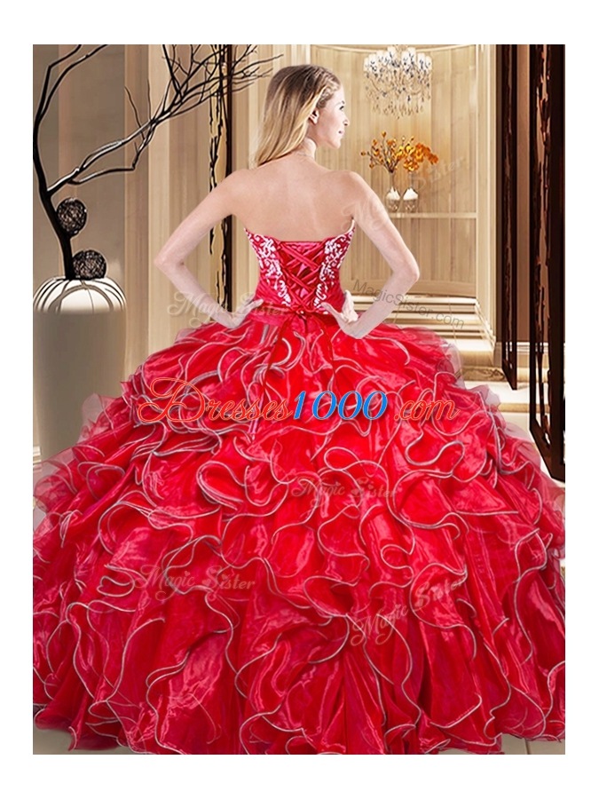 Coral Red Quinceanera Gown Military Ball and Sweet 16 and Quinceanera and For with Embroidery and Ruffles Sweetheart Sleeveless Lace Up