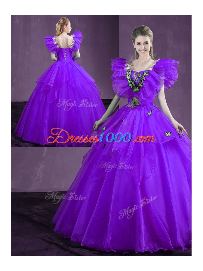 Customized Purple Sweetheart Neckline Appliques and Ruffles Quince Ball Gowns Sleeveless Lace Up