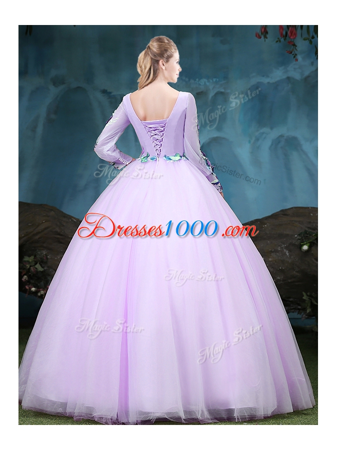 Discount Lilac Ball Gowns Scoop Long Sleeves Tulle Floor Length Lace Up Appliques Quinceanera Dress