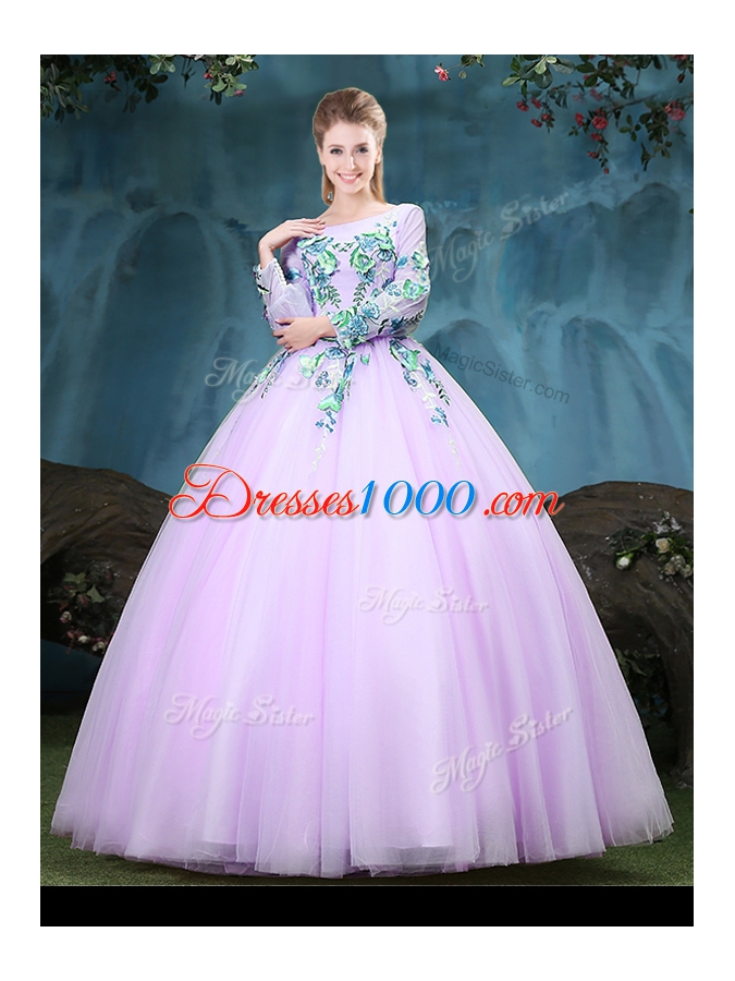 Discount Lilac Ball Gowns Scoop Long Sleeves Tulle Floor Length Lace Up Appliques Quinceanera Dress