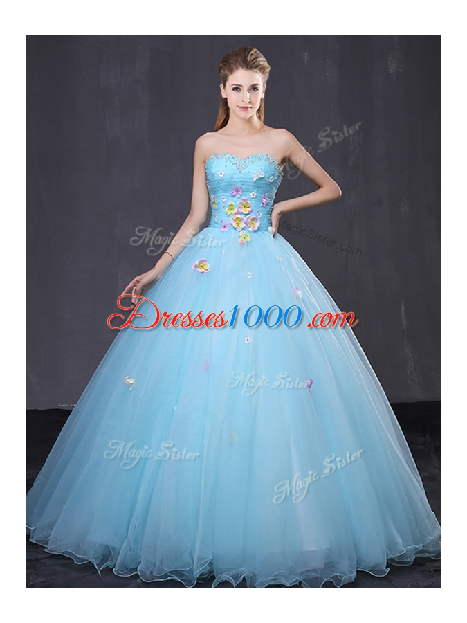 Fabulous Floor Length Lace Up Sweet 16 Quinceanera Dress Light Blue and In for Military Ball and Sweet 16 and Quinceanera with Beading and Appliques