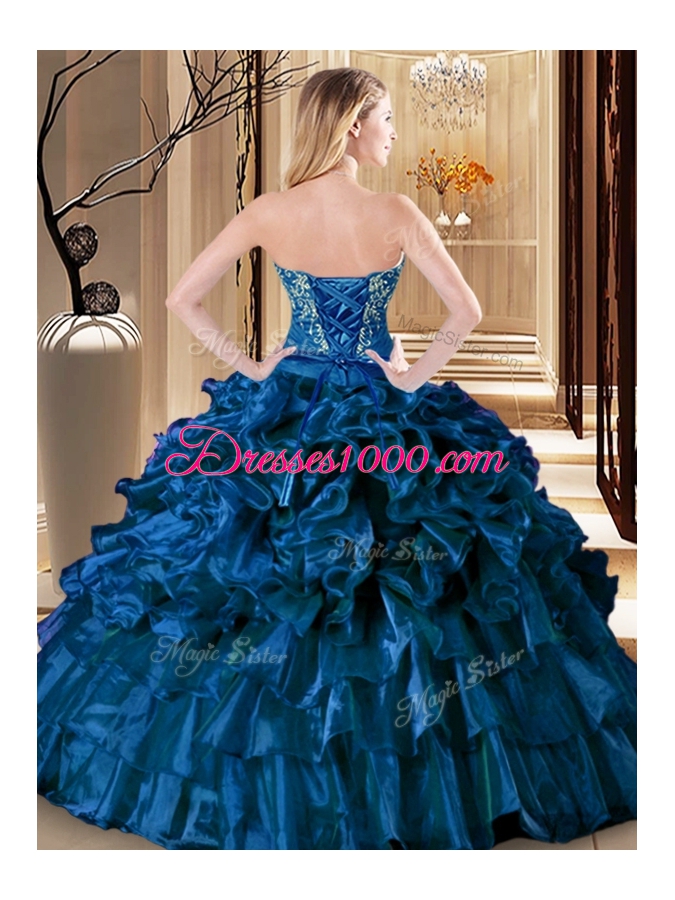 Glittering Floor Length Lace Up Quinceanera Dress Teal and In for Military Ball and Sweet 16 and Quinceanera with Embroidery and Ruffles