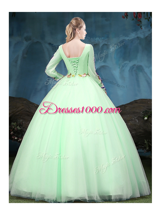 Great Scoop Long Sleeves Appliques Lace Up Ball Gown Prom Dress