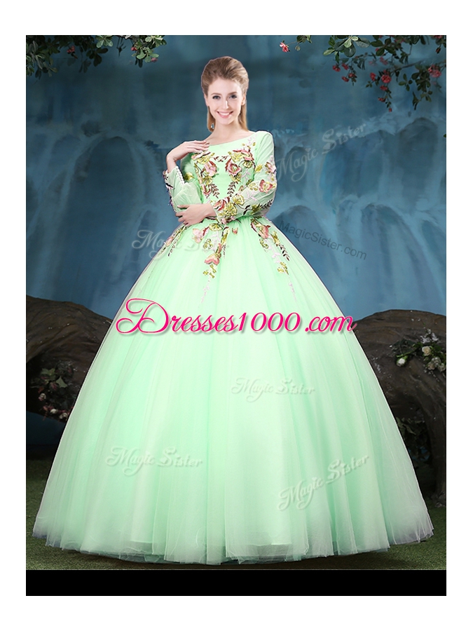 Great Scoop Long Sleeves Appliques Lace Up Ball Gown Prom Dress