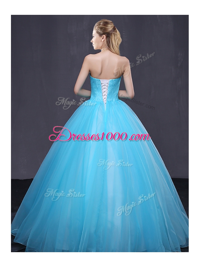 Modest Sleeveless Floor Length Appliques Lace Up Sweet 16 Quinceanera Dress with Baby Blue