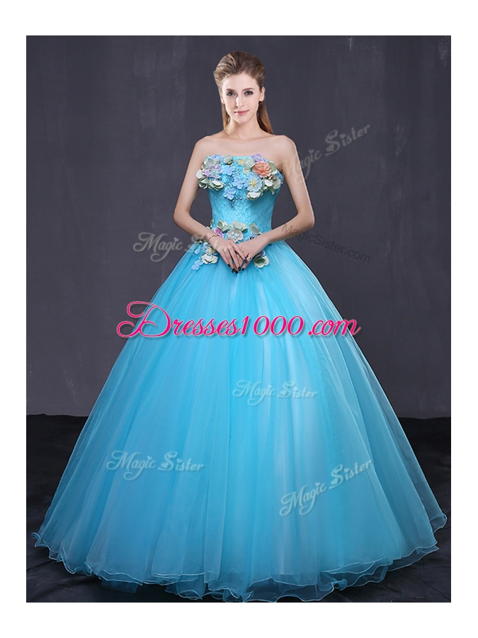 Modest Sleeveless Floor Length Appliques Lace Up Sweet 16 Quinceanera Dress with Baby Blue