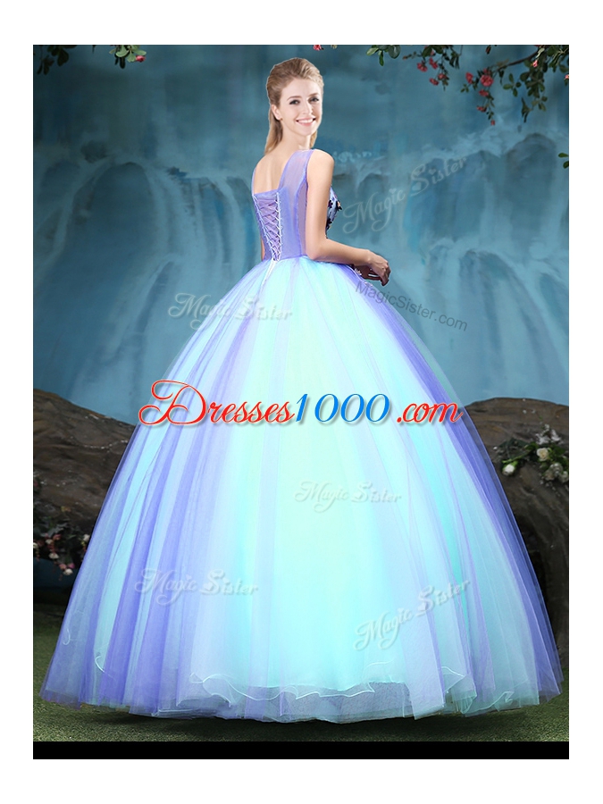 Multi-color Sleeveless Tulle Lace Up 15 Quinceanera Dress for Military Ball and Sweet 16 and Quinceanera