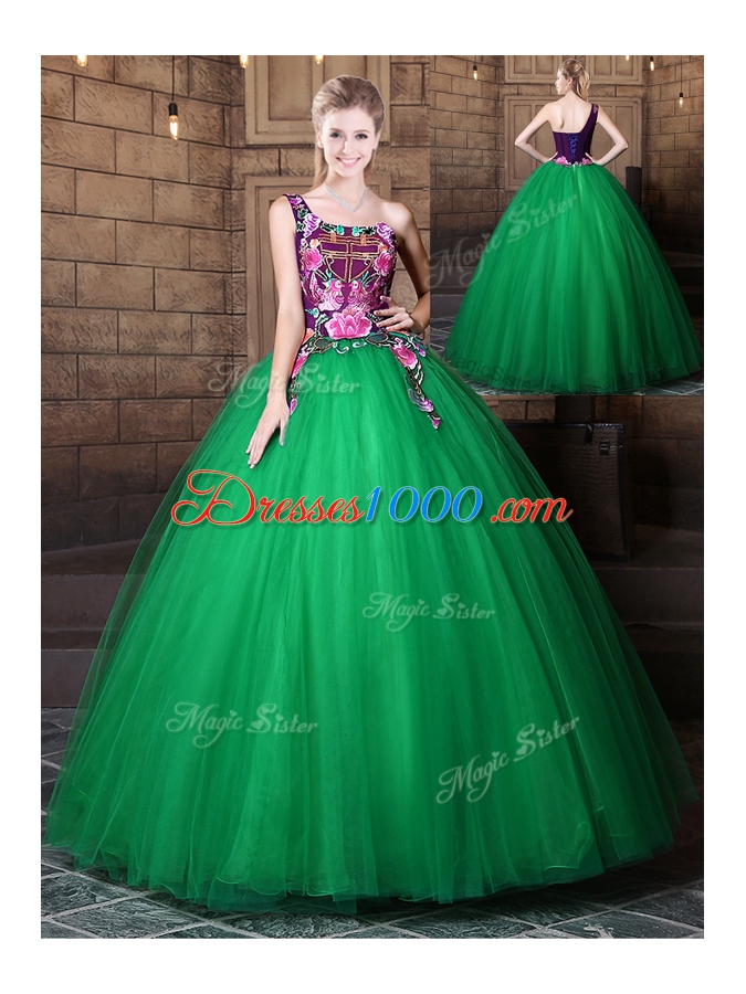 One Shoulder Floor Length Lace Up Quinceanera Gowns Green and In for Military Ball and Sweet 16 and Quinceanera with Pattern