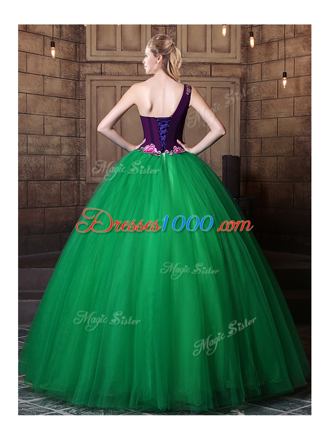 One Shoulder Floor Length Lace Up Quinceanera Gowns Green and In for Military Ball and Sweet 16 and Quinceanera with Pattern