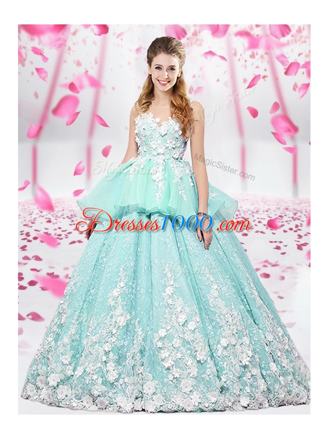 Organza and Tulle Scoop Sleeveless Lace Up Lace and Appliques 15 Quinceanera Dress in Apple Green