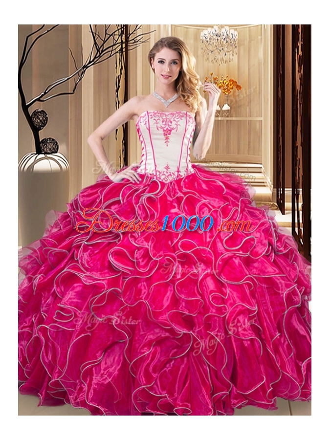 Organza Strapless Sleeveless Lace Up Embroidery and Ruffles Quince Ball Gowns in Coral Red