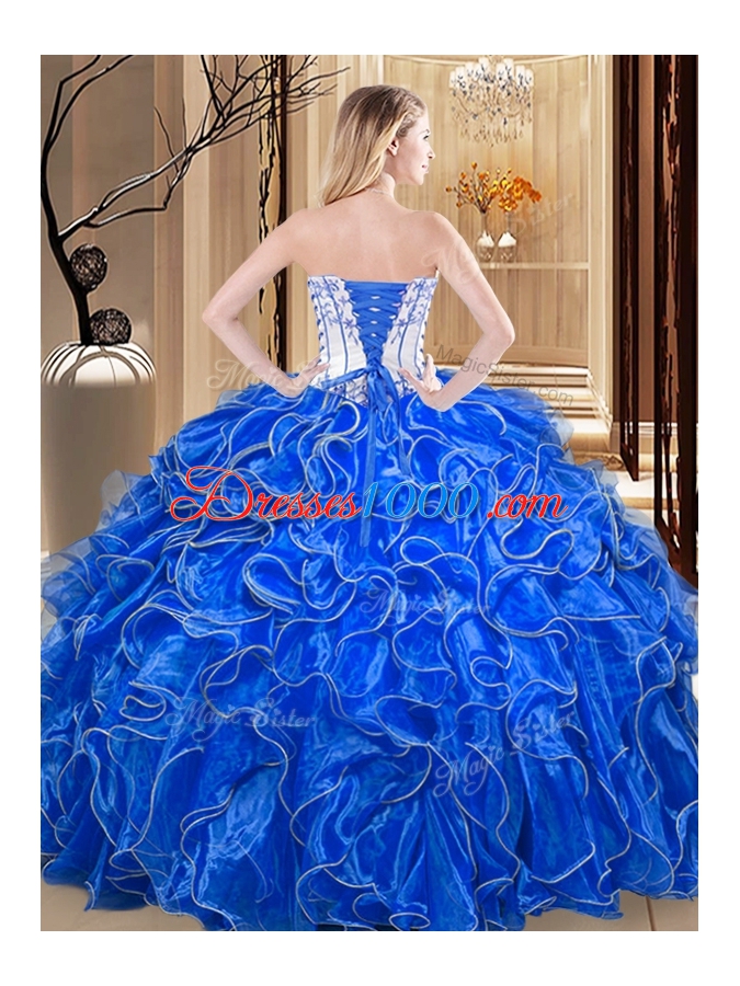 Organza Strapless Sleeveless Lace Up Embroidery and Ruffles Quince Ball Gowns in Coral Red