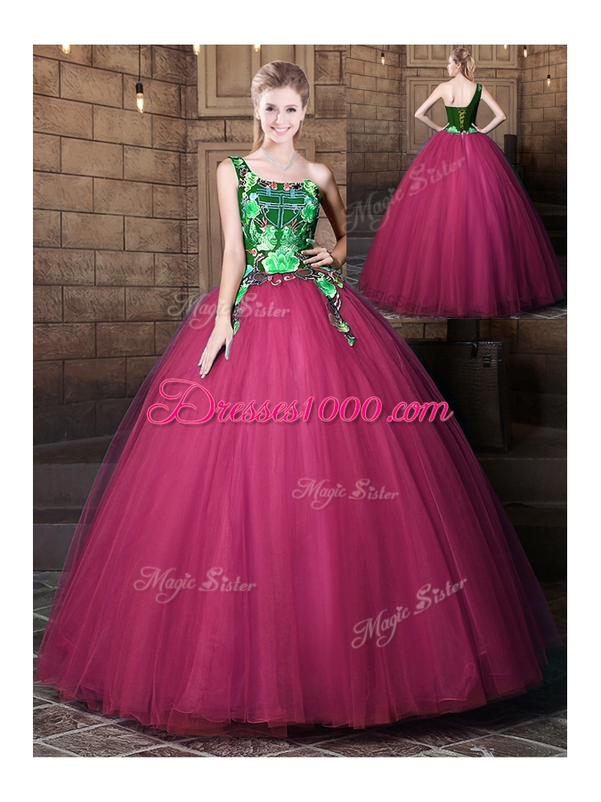 Romantic One Shoulder Sleeveless Floor Length Pattern Lace Up Quinceanera Gowns with Fuchsia