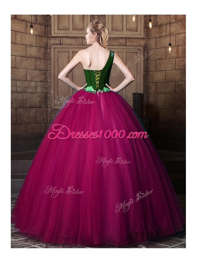 Romantic One Shoulder Sleeveless Floor Length Pattern Lace Up Quinceanera Gowns with Fuchsia