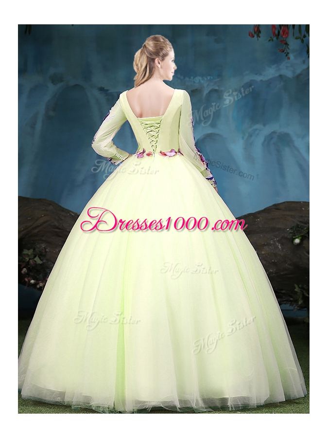 Scoop Floor Length Ball Gowns Long Sleeves Yellow Green Quinceanera Dresses Lace Up