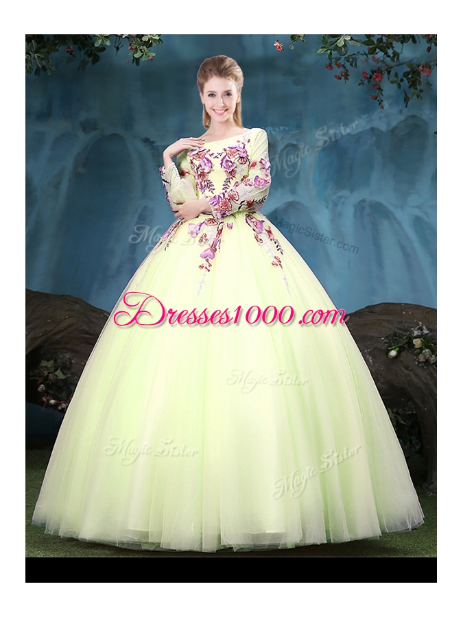 Scoop Floor Length Ball Gowns Long Sleeves Yellow Green Quinceanera Dresses Lace Up