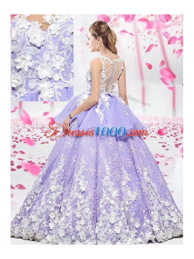 Scoop Sleeveless Lace Up Floor Length Lace and Appliques 15 Quinceanera Dress