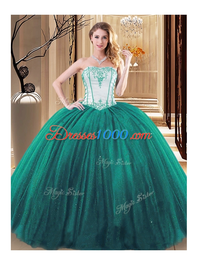 Strapless Sleeveless Quinceanera Gowns Floor Length Embroidery Green Tulle and Sequined