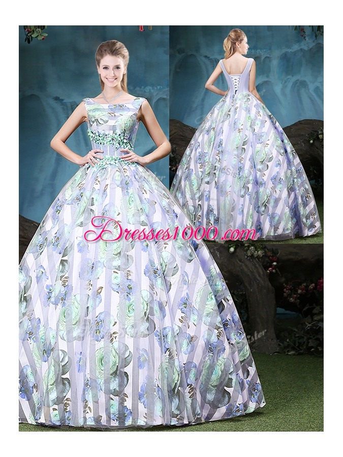 Straps Straps Multi-color Sleeveless Appliques and Pattern Floor Length Sweet 16 Quinceanera Dress