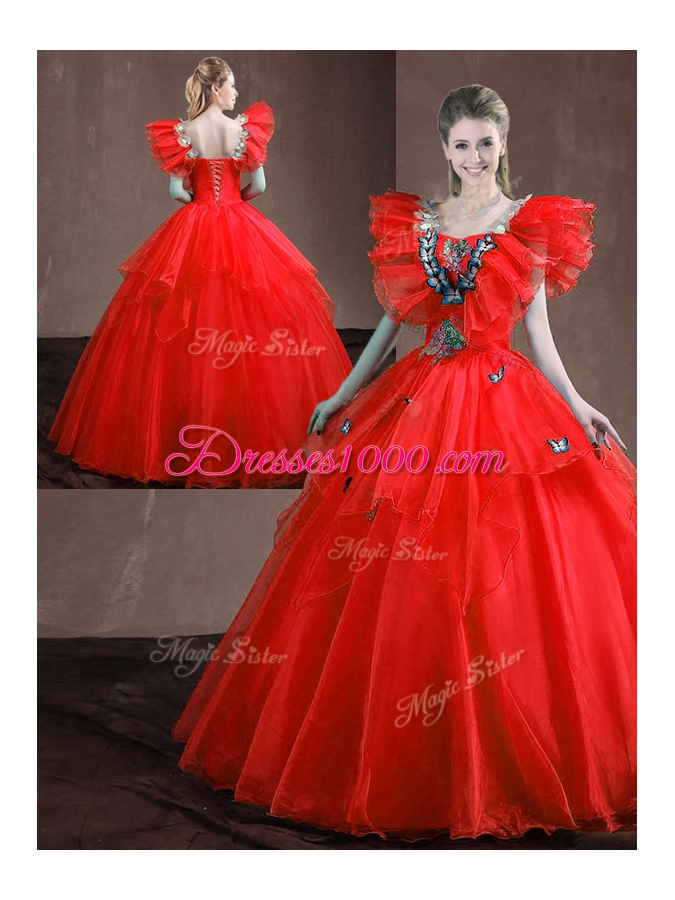 Super Red Sleeveless Appliques and Ruffles Floor Length Quinceanera Dress