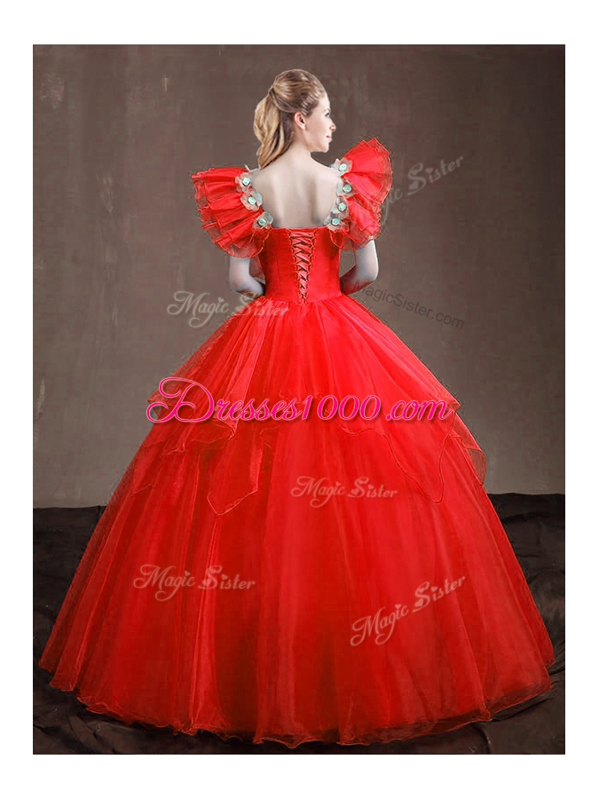 Super Red Sleeveless Appliques and Ruffles Floor Length Quinceanera Dress