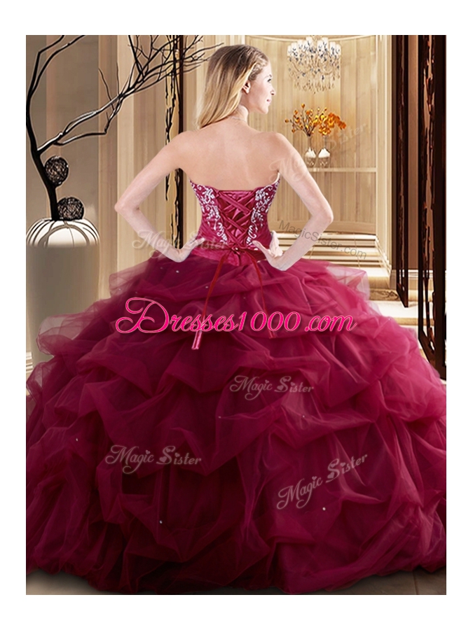Wine Red Ball Gowns Embroidery and Ruffles Quinceanera Dresses Lace Up Tulle Sleeveless Floor Length