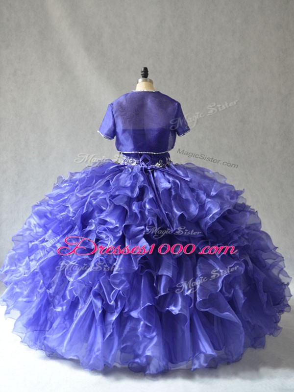 Blue Organza Lace Up Strapless Sleeveless Floor Length Quinceanera Gown Beading and Ruffles