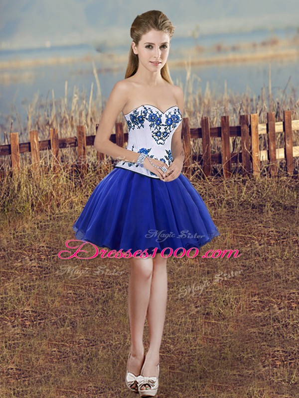 Embroidery and Bowknot Quinceanera Gown Royal Blue Lace Up Sleeveless Floor Length