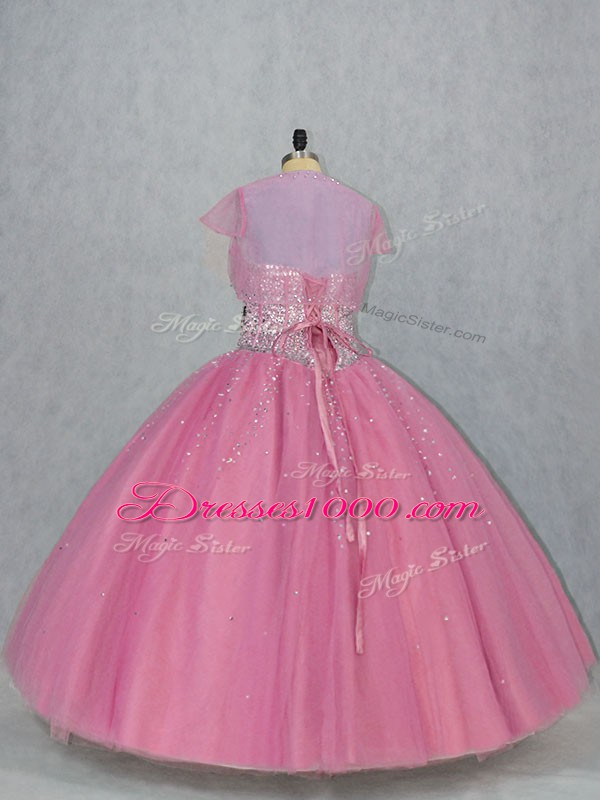 Deluxe Pink Sleeveless Beading Floor Length Quinceanera Dresses