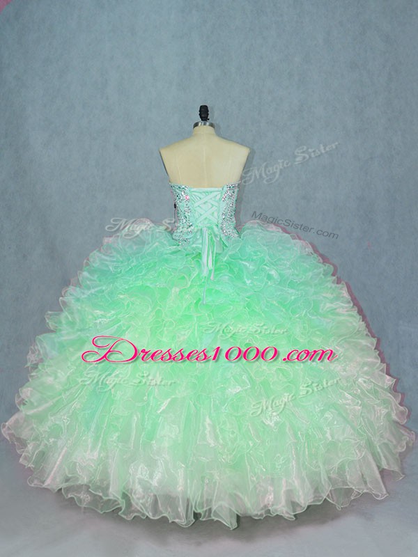 Green Ball Gowns Sweetheart Sleeveless Organza Floor Length Lace Up Beading and Ruffles 15th Birthday Dress