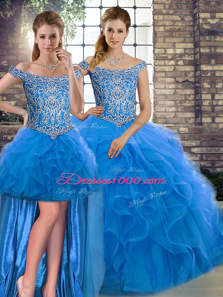 Sleeveless Beading and Ruffles Lace Up Sweet 16 Quinceanera Dress with Blue Brush Train