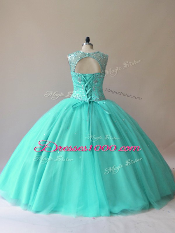 Modern Floor Length Aqua Blue Quinceanera Gown Tulle Sleeveless Beading