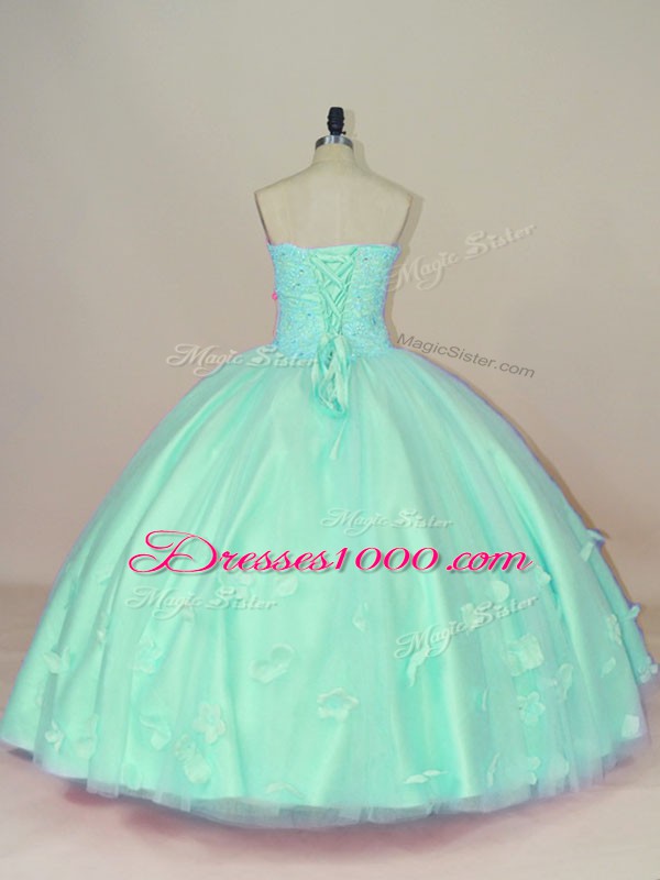 Sweetheart Sleeveless Quinceanera Dress Floor Length Hand Made Flower Apple Green Tulle