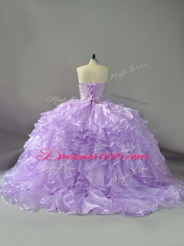 Latest Lavender Sleeveless Brush Train Beading and Ruffles 15th Birthday Dress