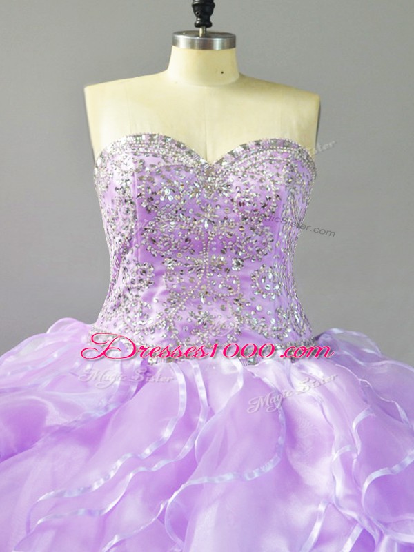 Latest Lavender Sleeveless Brush Train Beading and Ruffles 15th Birthday Dress