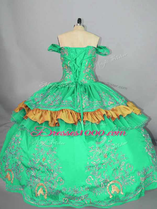 Satin Off The Shoulder Sleeveless Zipper Embroidery Sweet 16 Quinceanera Dress in Turquoise