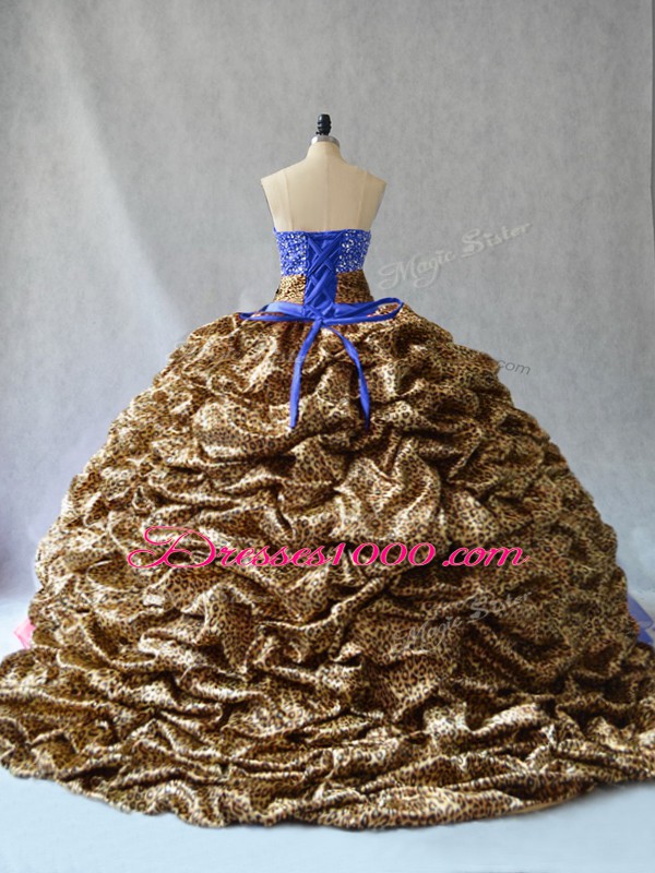 Cute Blue Sleeveless Brush Train Beading and Pick Ups Sweet 16 Dress