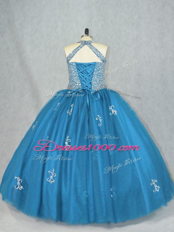 New Style Blue Sleeveless Beading and Appliques Floor Length Quinceanera Gown